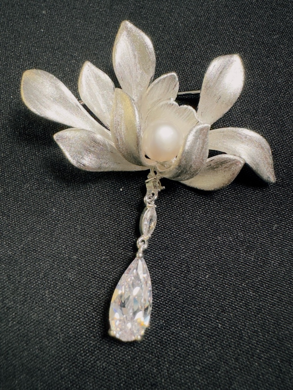 Silver Floral Drop Brooch with Crystal Teardrop
